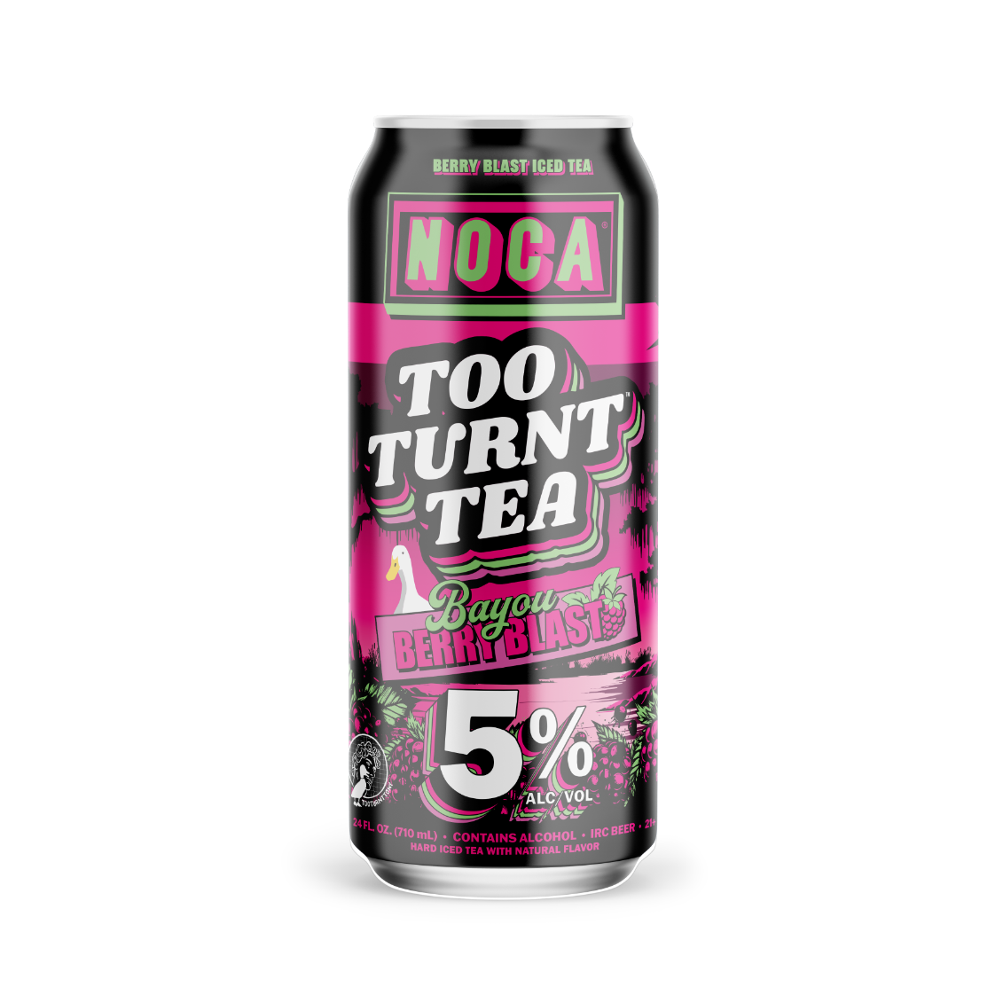 Canned drink with pink and black label on a white background