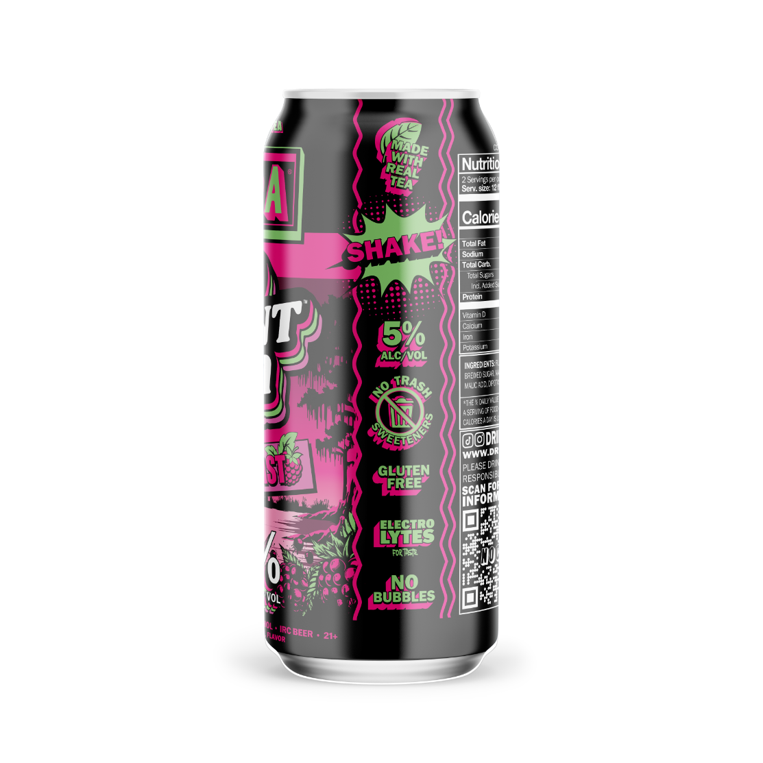 Can of energy drink with pink and black label on a white background