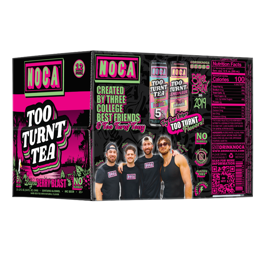 NOCA Bayou Berry Blast packaging with a group of people and product display.