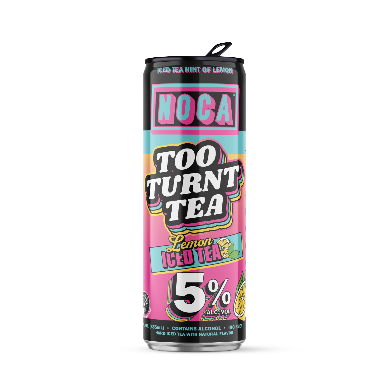 Can of 'Too Turnt Tea' lemon cold tea with colorful label on a white background