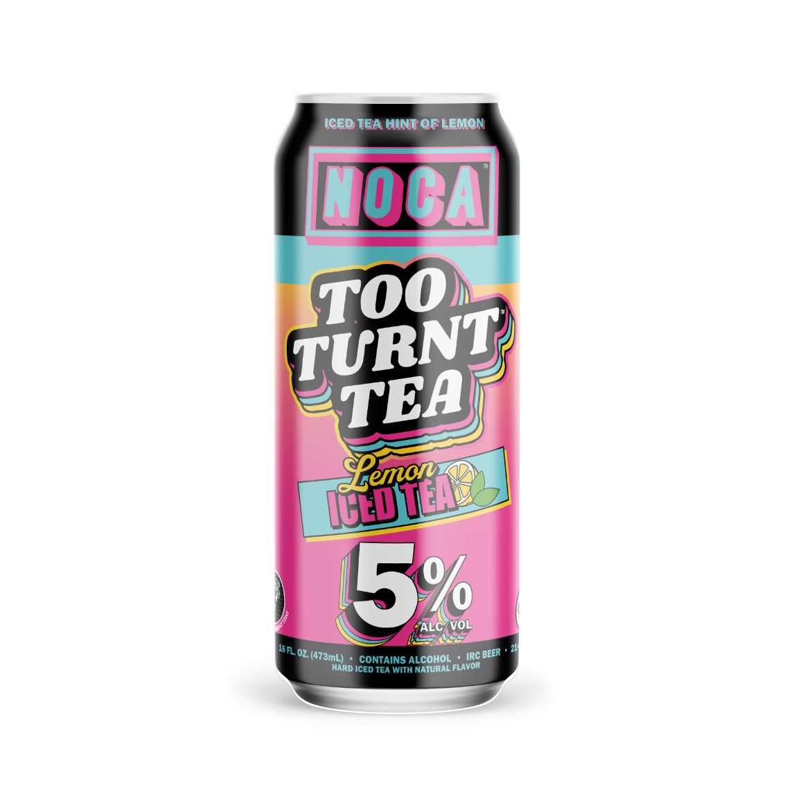 Canned drink with colorful label on a white background