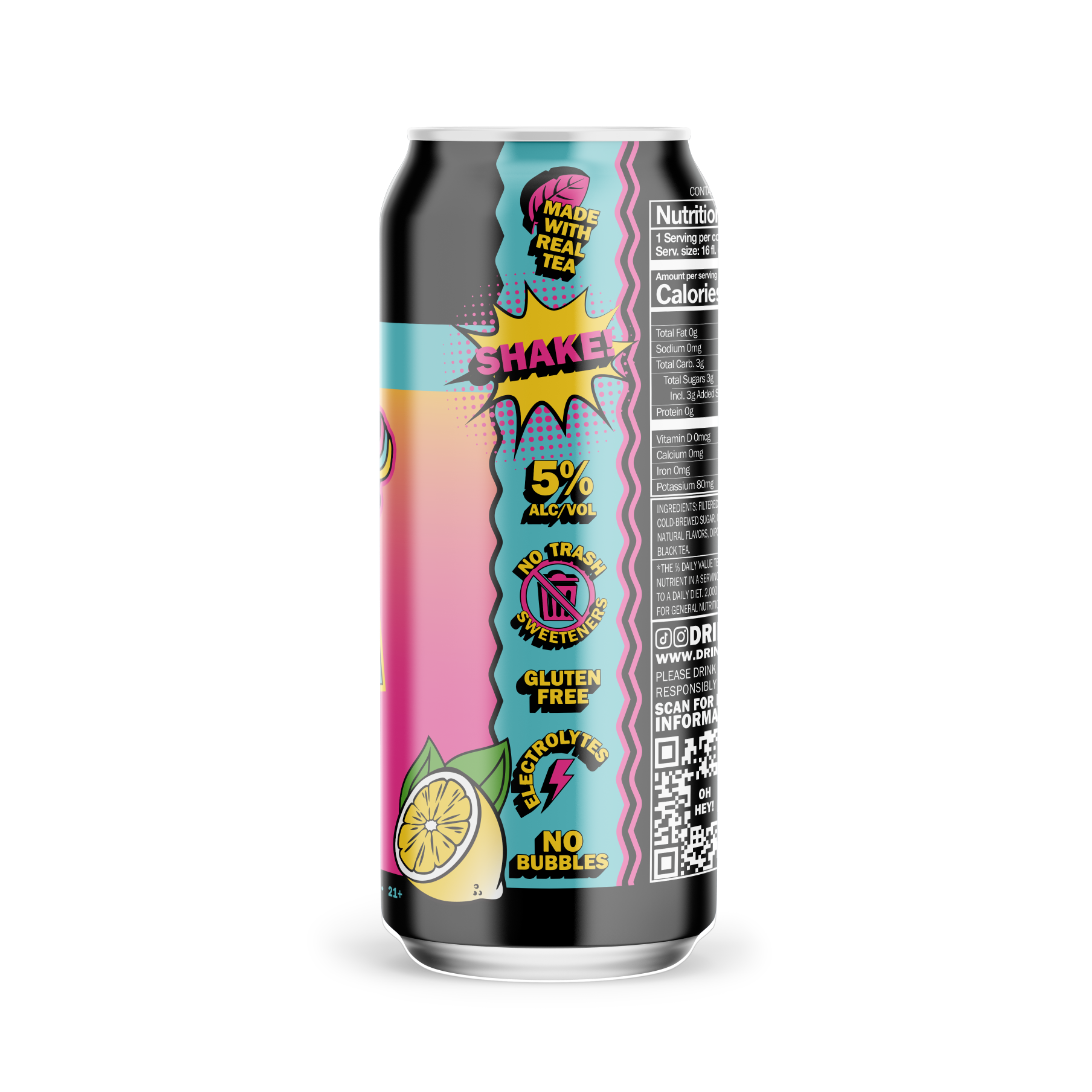 Can of beverage with colorful label on a white background