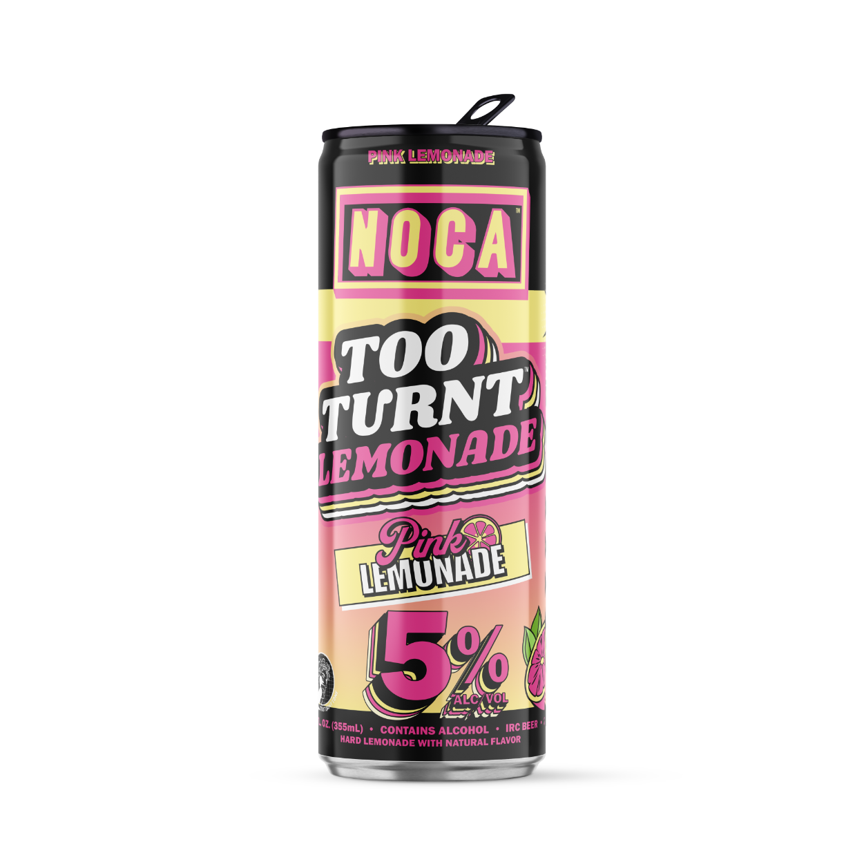 Cans of Noca Too Turnt Lemonade Pink Lemonade on a white background