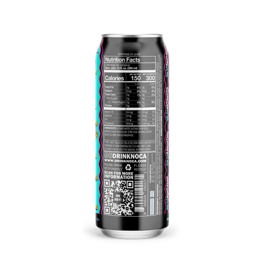 Back view of a can with nutrition facts label and QR code on a white background