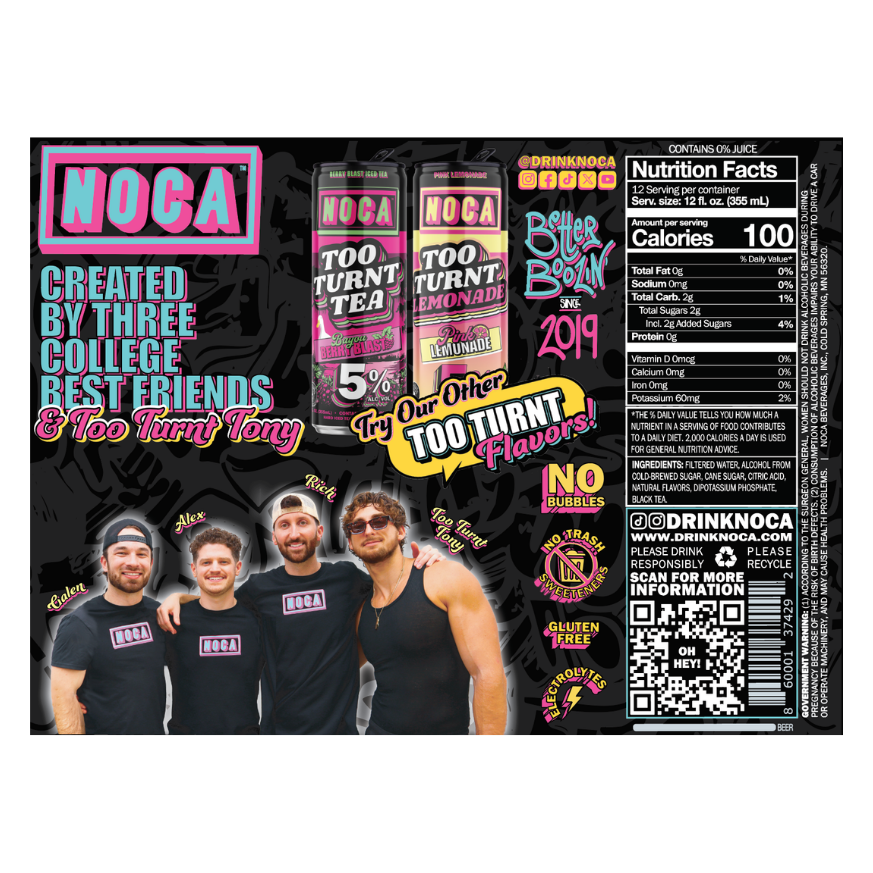 Product packaging for Noca drinks with branding and nutritional information.