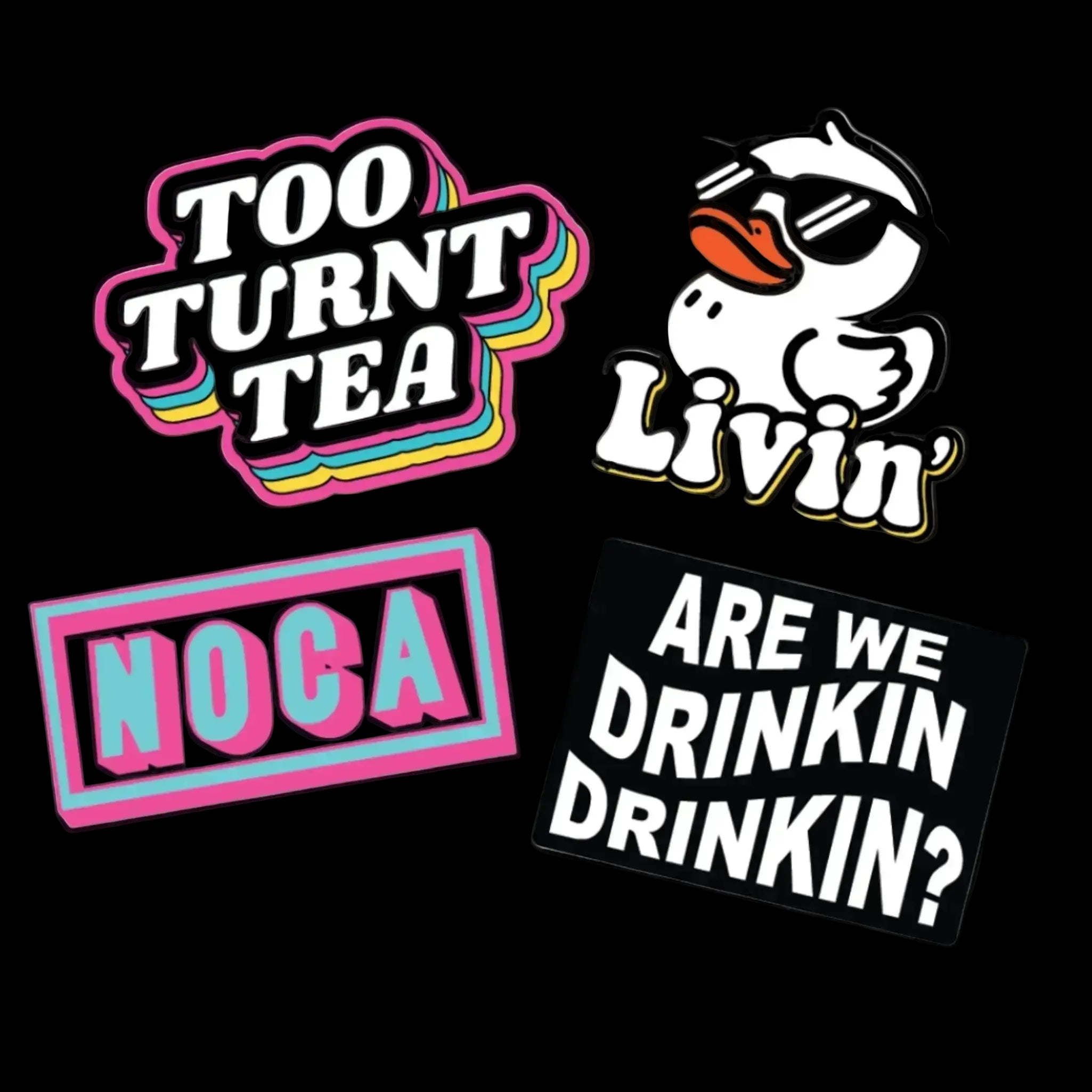 Four colorful stickers with text and graphics on a pink background