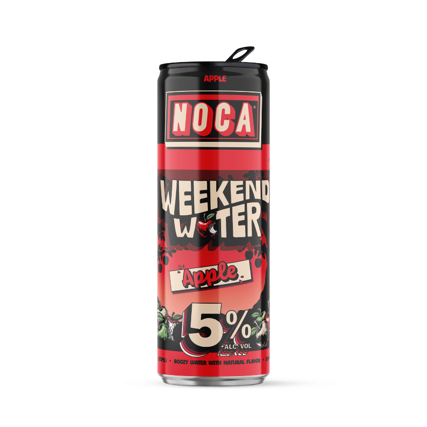 Canned drink labeled 'NOCA Weekend Water Apple' on a transparent background