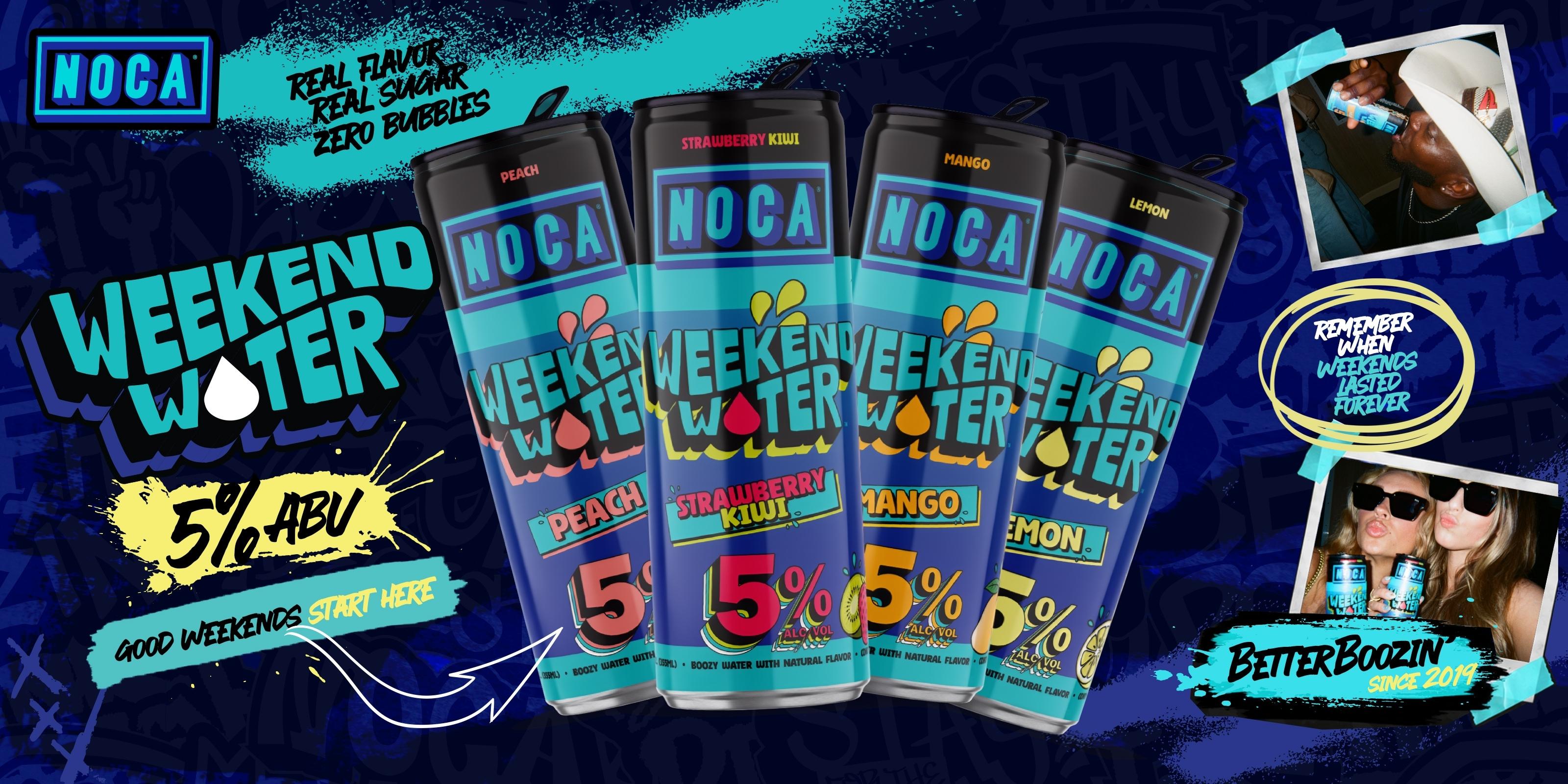 Packaging of NOCA Weekend Water with colorful design and text on a dark blue background.