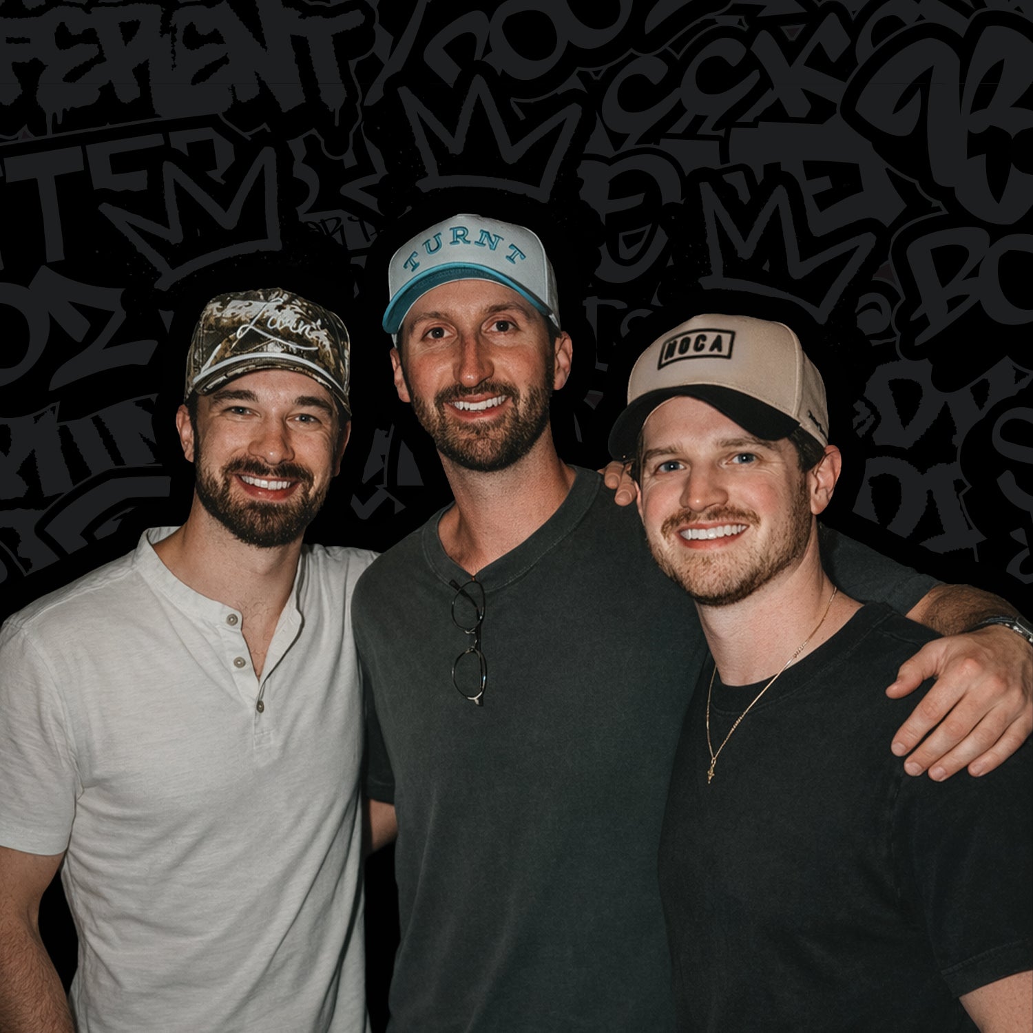 Three NOCA co-founders posing together with a graffiti-style background
