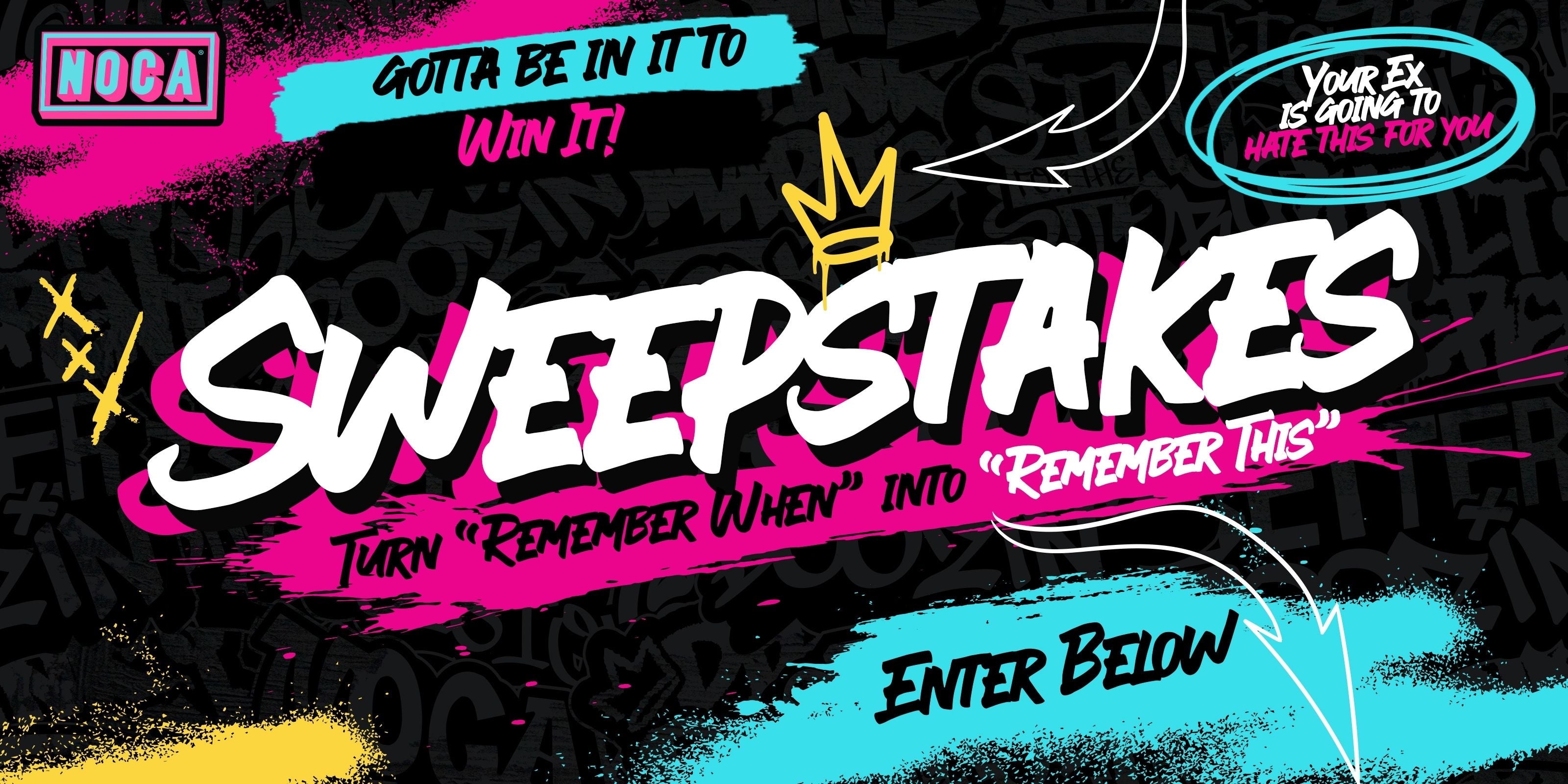 Promotional graphic for a sweepstakes with colorful text and graphics on a dark background.