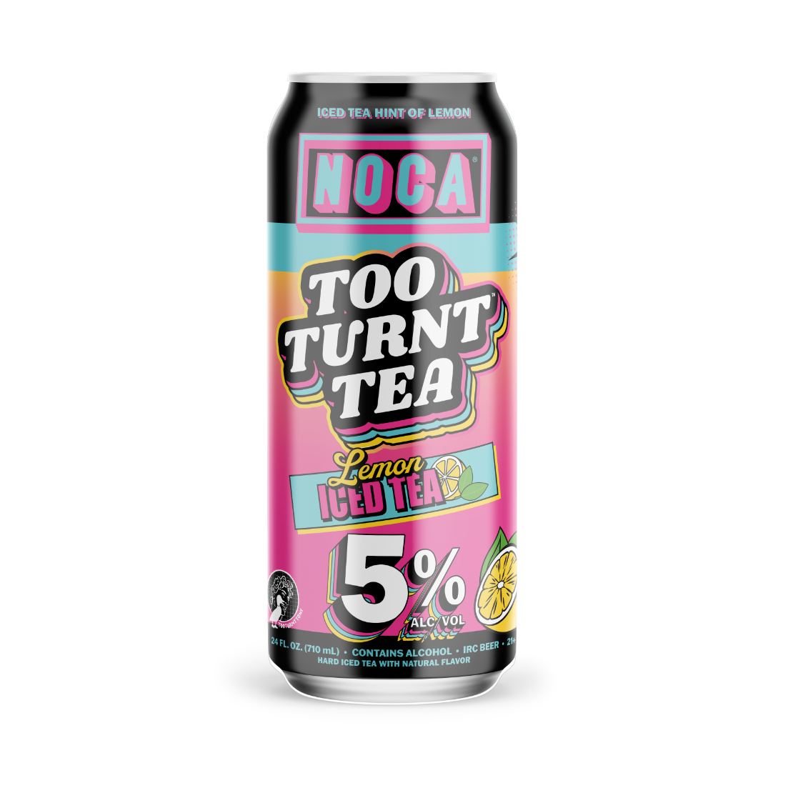 Can of 'Too Turnt Tea' lemon iced tea with 5% alcohol by volume on a white background