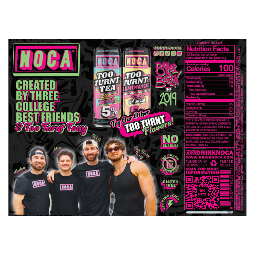 NOCA product packaging with branding and product images on a black background