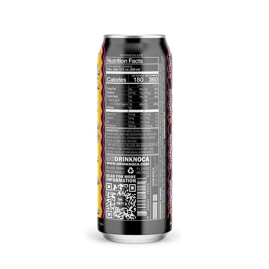 Back view of a can with nutrition facts label and QR code on a white background