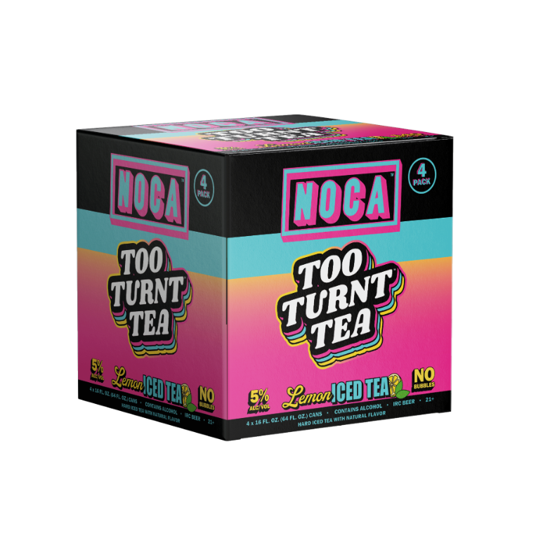 Box of NOCA Too Turnt Tea with colorful design on a white background