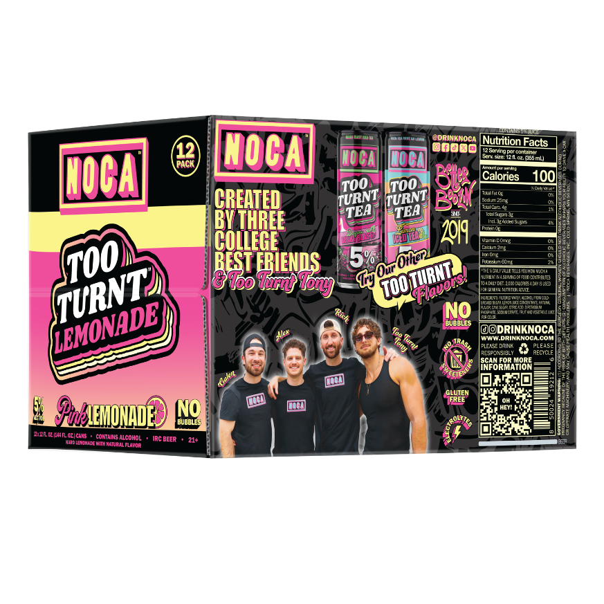 NOCA Too Turnt Lemonade packaging with product display and branding elements.