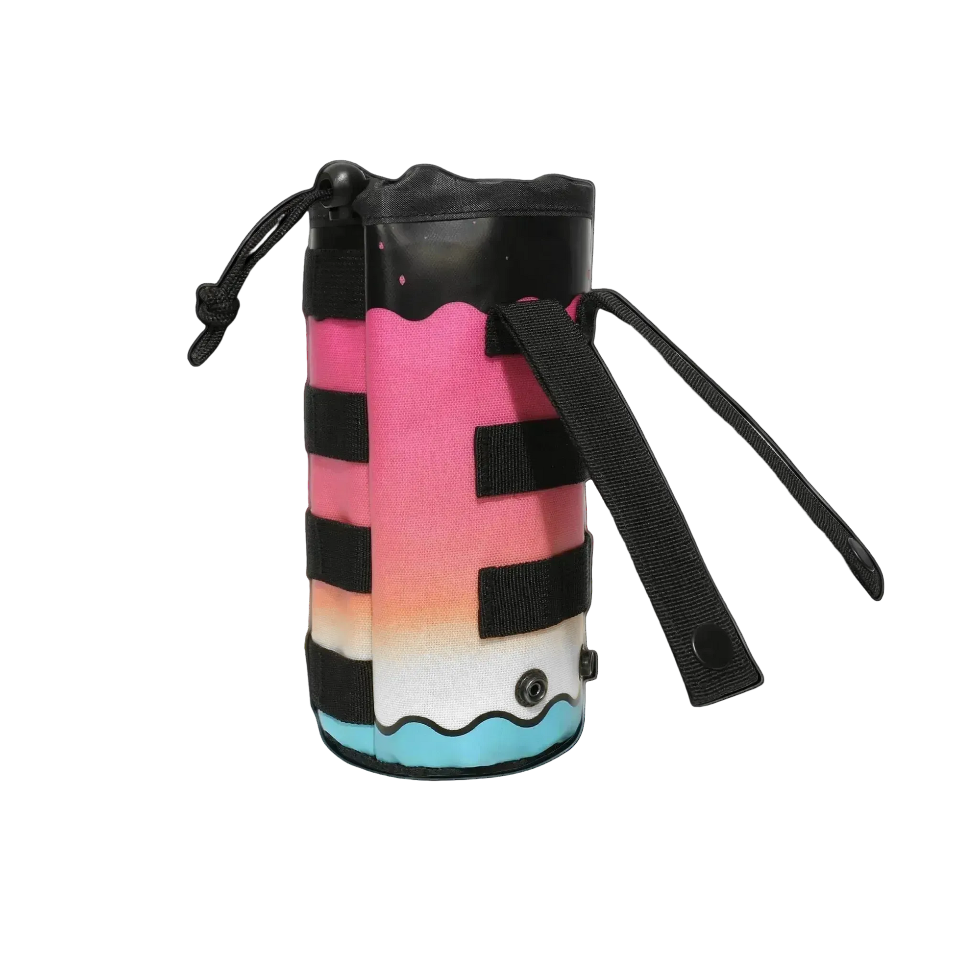 Colorful cylindrical container with black straps on a pink
background