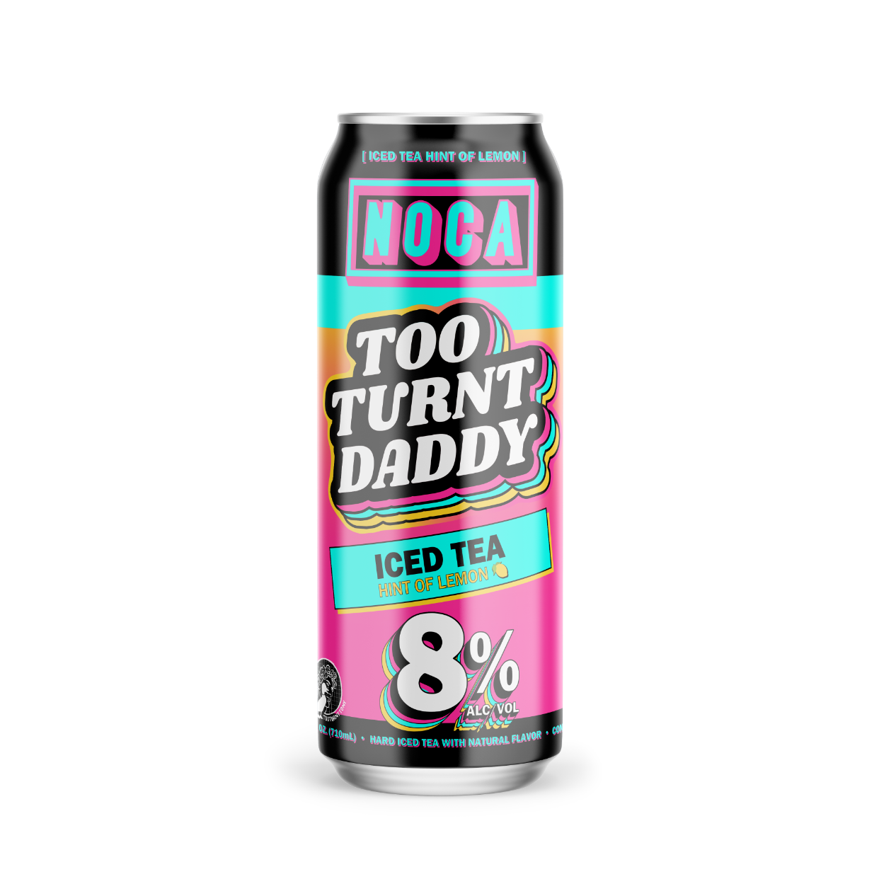 Can of 'Too Turnt Daddy' iced tea with lemon flavor on a white background