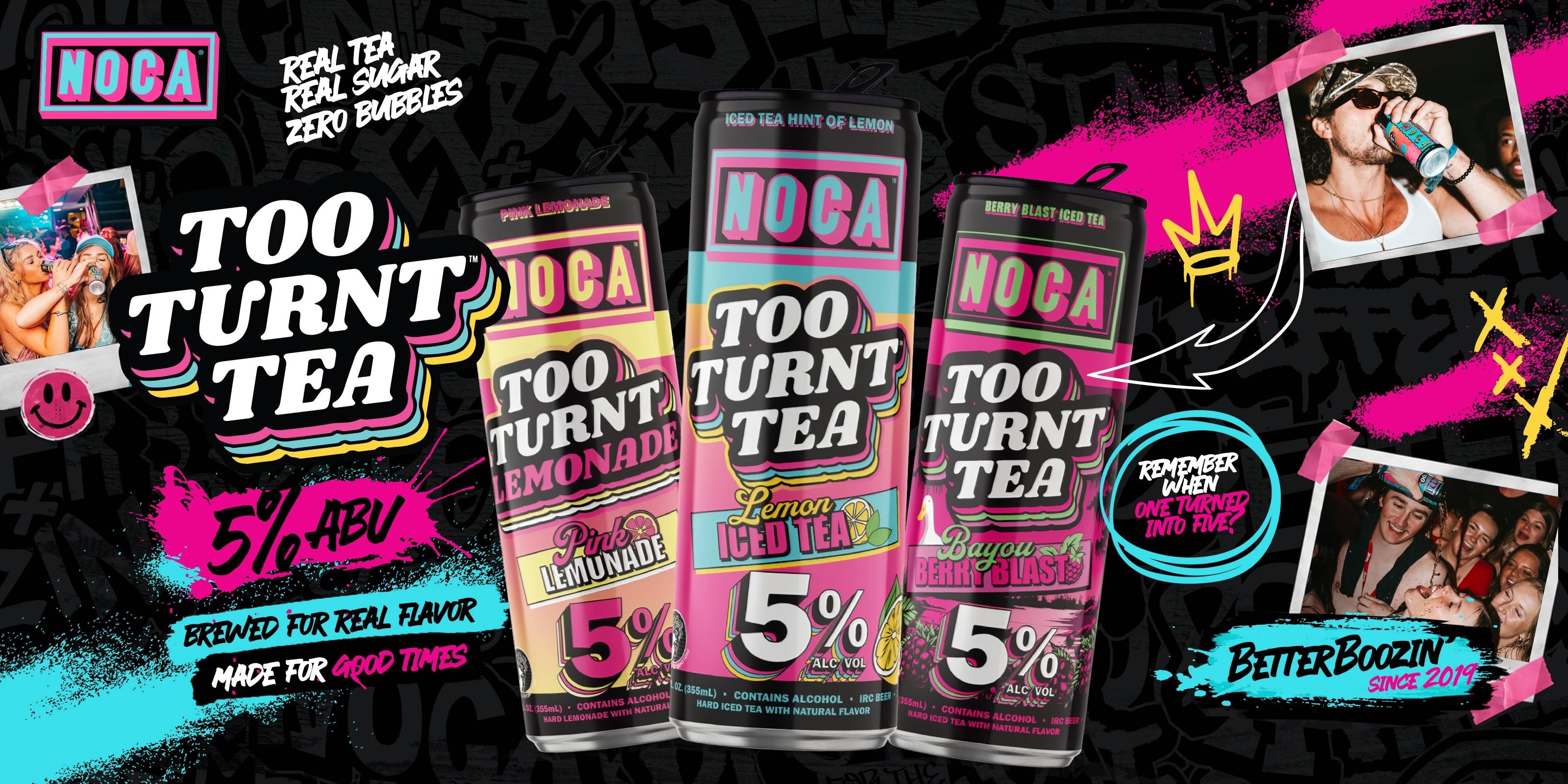 Three packages of 'Too Turnt Tea' with colorful labels on a black background with promotional text and images.