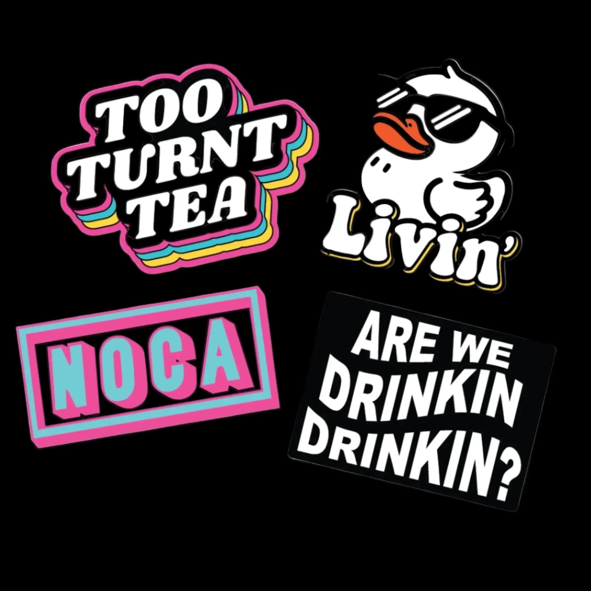 Four colorful stickers with text and graphics on a pink background

