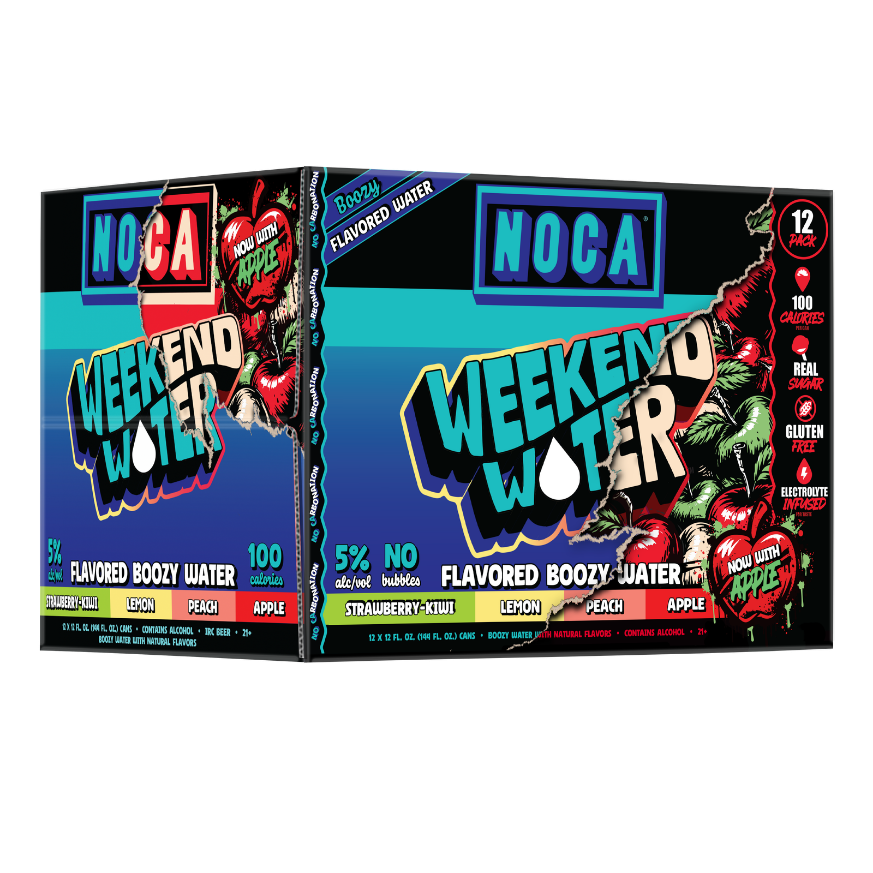 NOCA Weekend Water packaging with colorful design and branding.