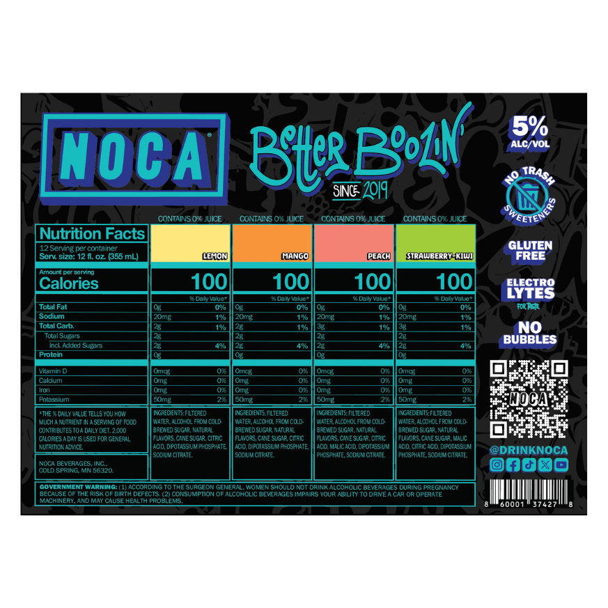 Nutrition facts label for a beverage with branding and product details.