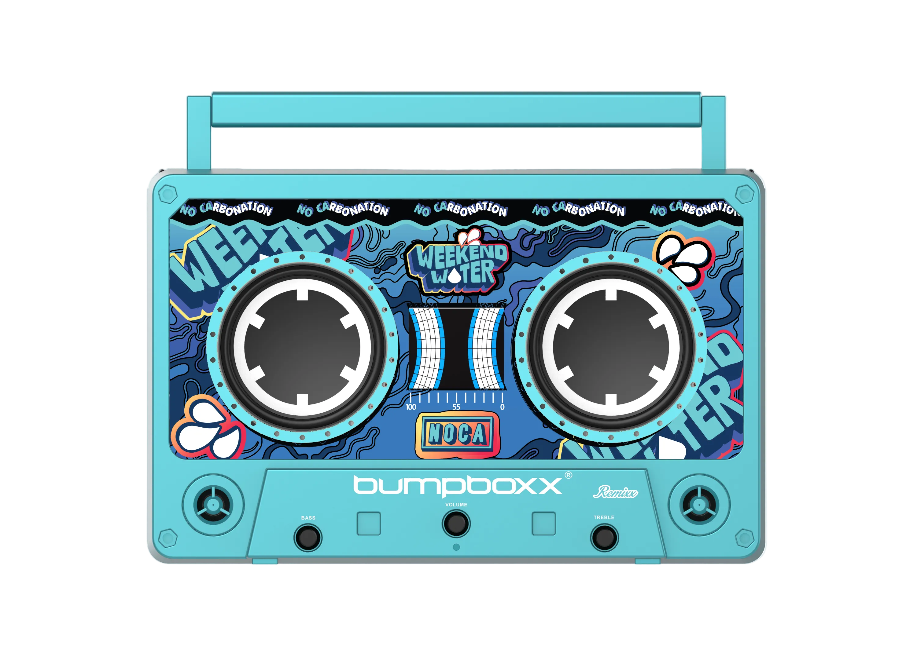 Blue cassette-shaped device with 'Bumpboxx' branding on a white background