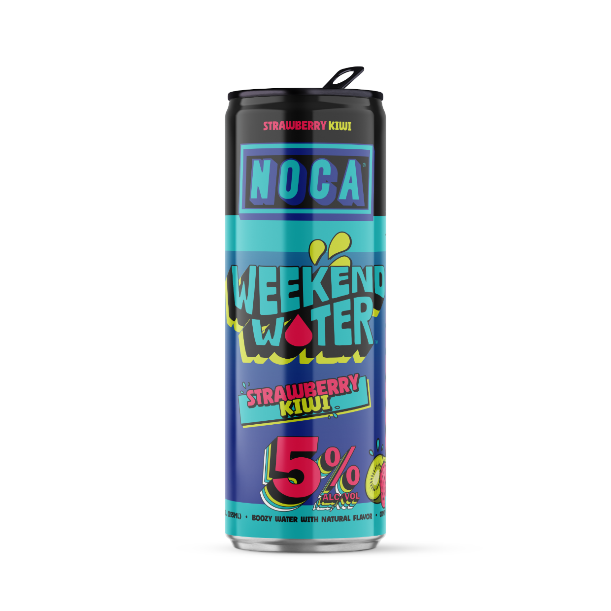 Cylindrical can of Noca Weekend Water Strawberry Kiwi on a white background
