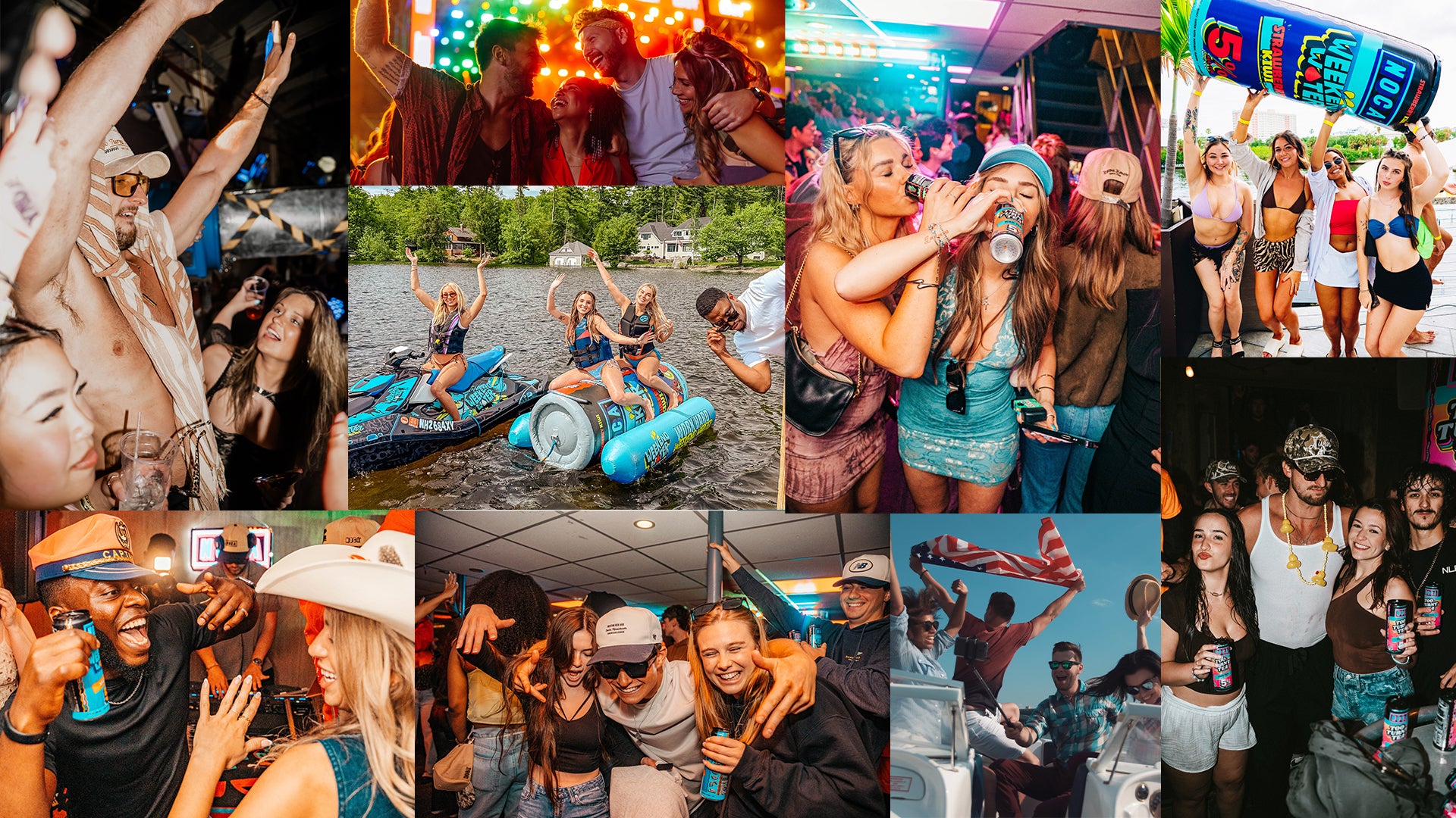 Collage of people at a party with various activities and settings.