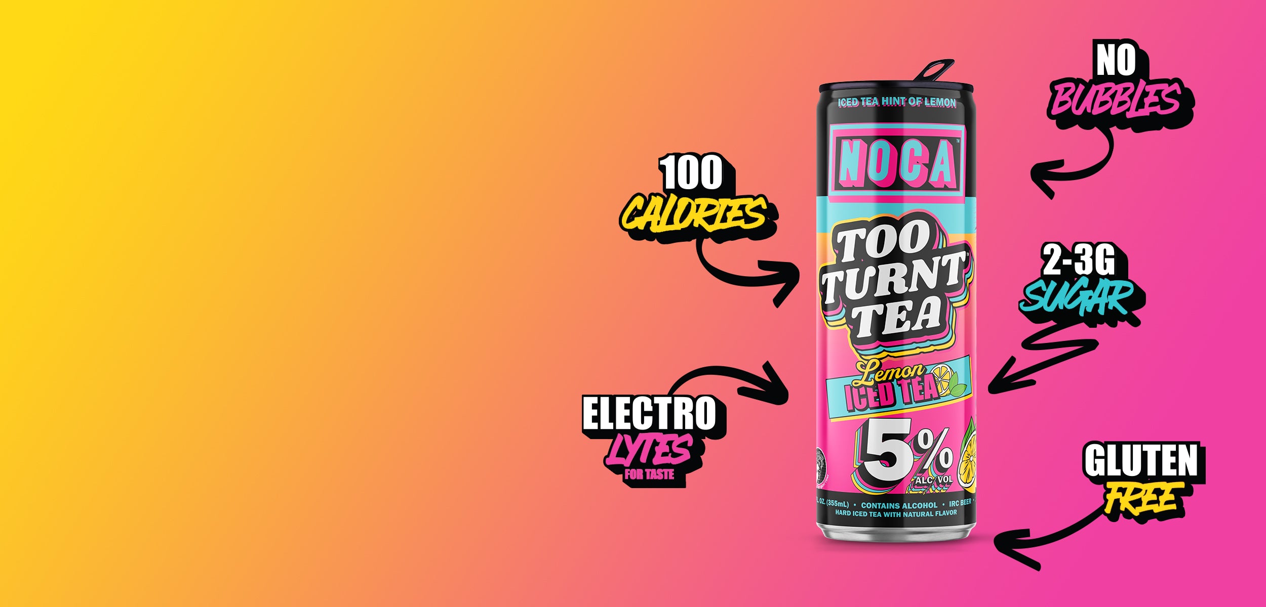 Too Turnt Tea can with nutritional information on a gradient background. 100 Calories, No Bubbles, 2-3G Sugar, Electrolytes for taste, Gluten Free